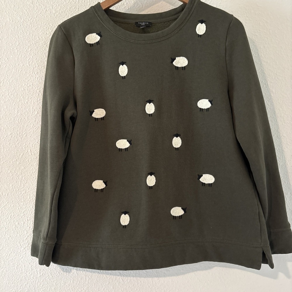 Talbots Green Embroidered Sheep Sweatshirt Sz Petite L Textured Raised Design